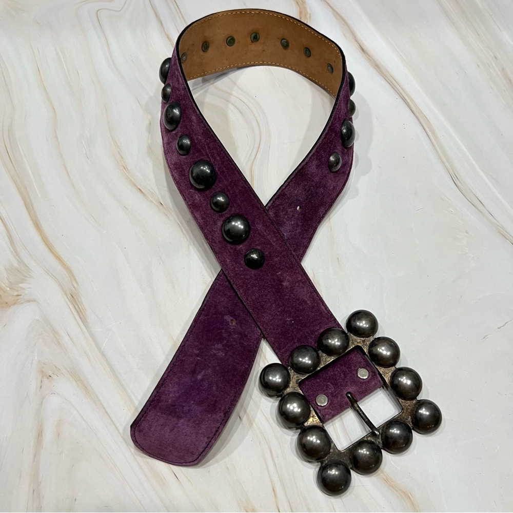 Vintage Women’s Leather Belt 90s Purple Suede Studded Statement Buckle Festival
